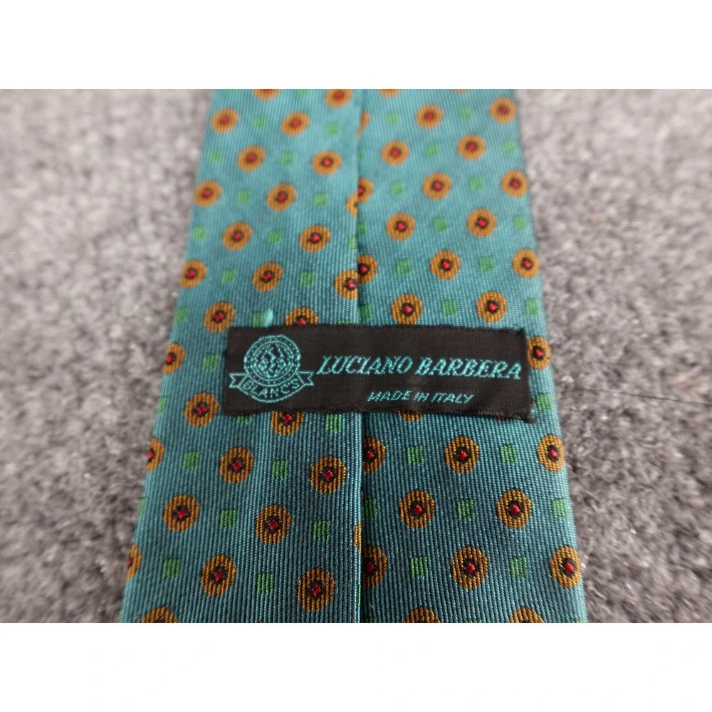 Luciano Barbera Silk Tie Mens OS Teal Blue Geometric Medallion Good Italy 3.5in‎